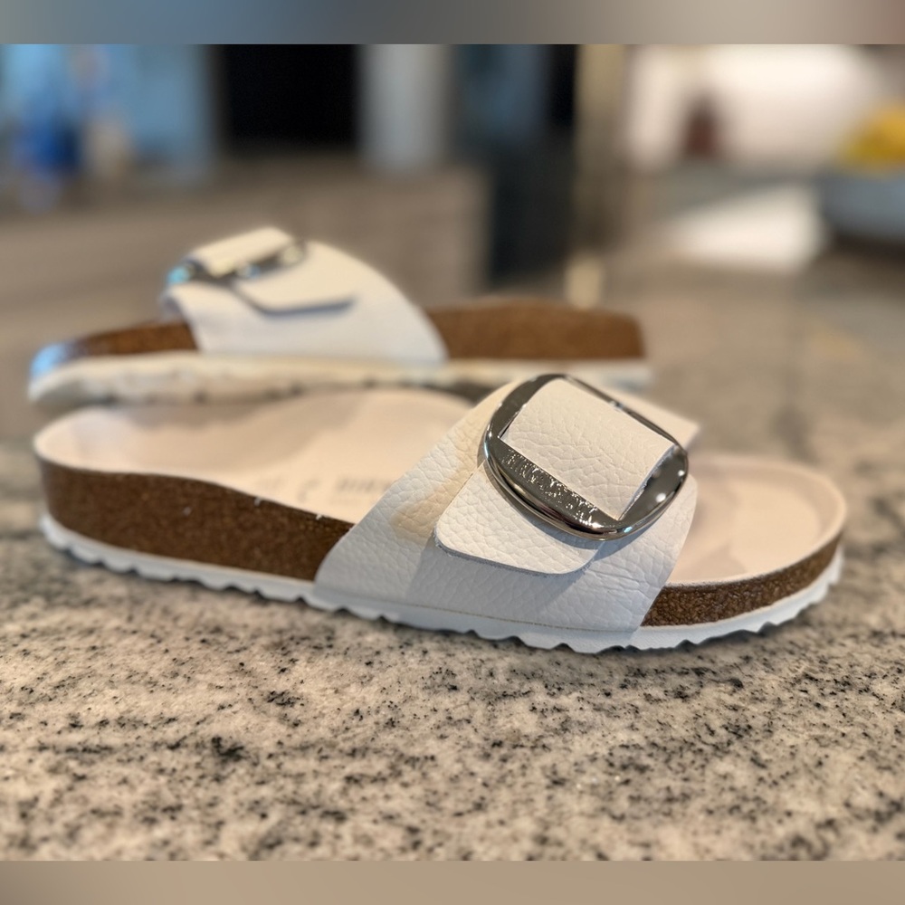 Birkenstock Madrid Big Buckle White Leather Slide Sandals NWOT